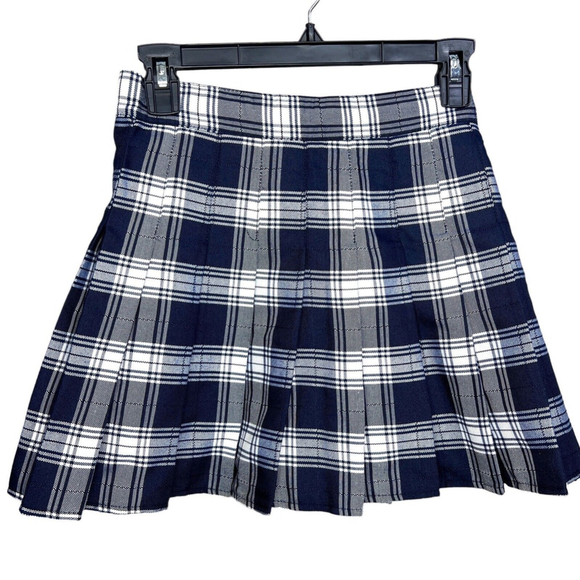 Navy Blue White Plaid Mini Skirt Skort Size Medium Pleated Academia Preppy - Picture 1 of 5